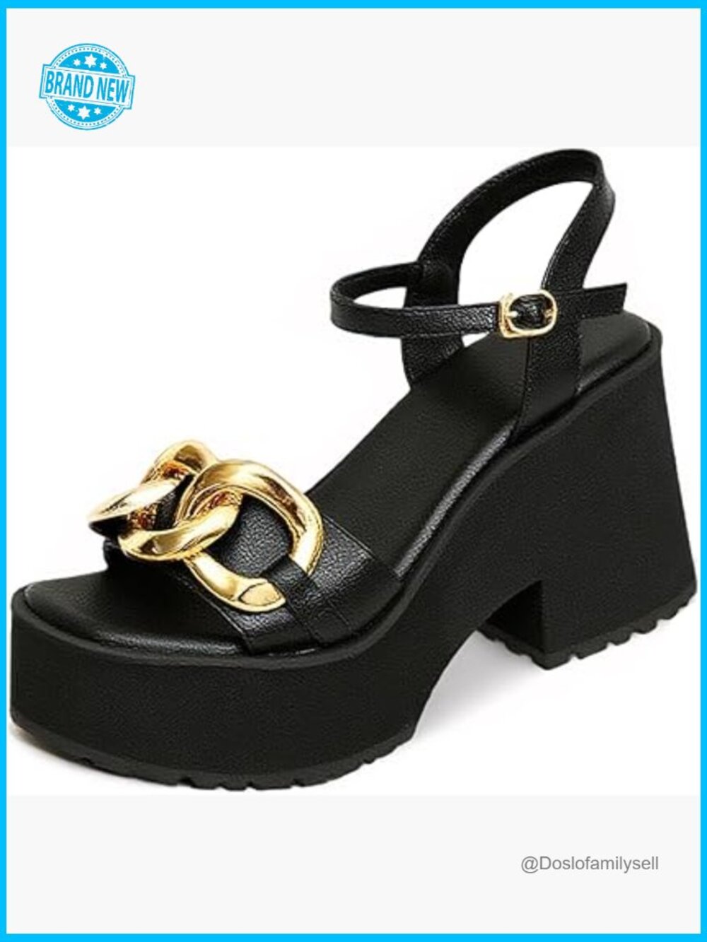 Leather Chunky High Heels Slingback Sandals with Chain Ankle Strap